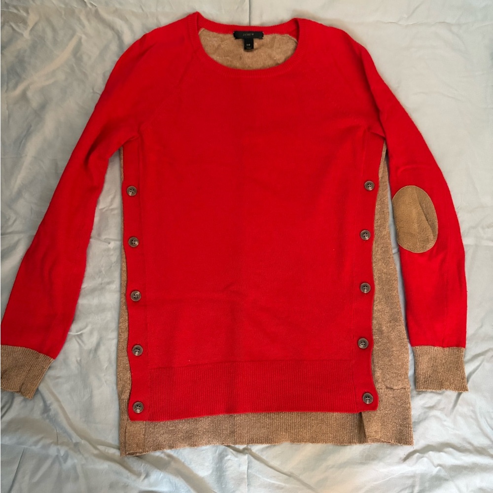 J. Crew Red and Tan Buttoned Sweater